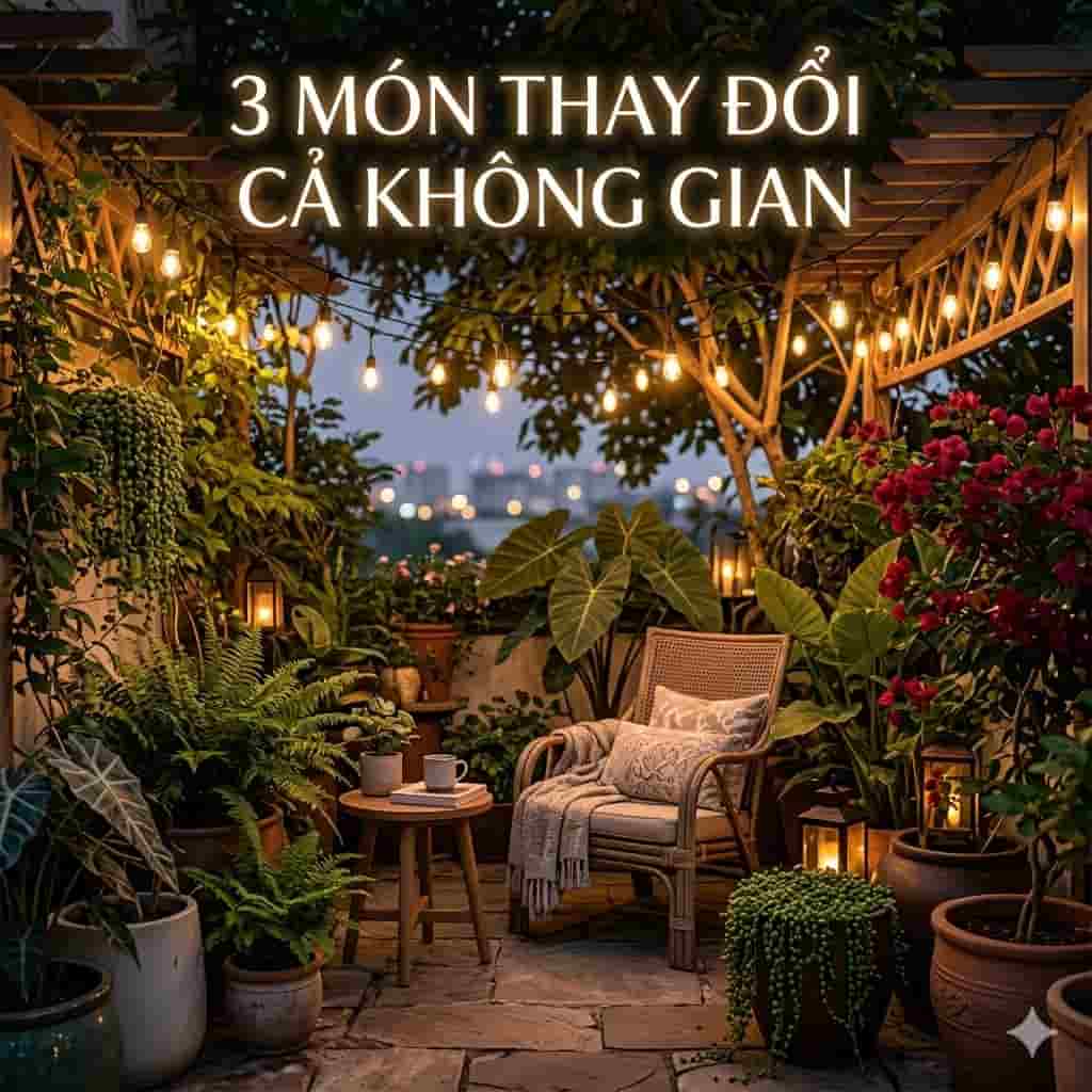 Trang trí BBQ sân vườn với đèn dây và cây xanh