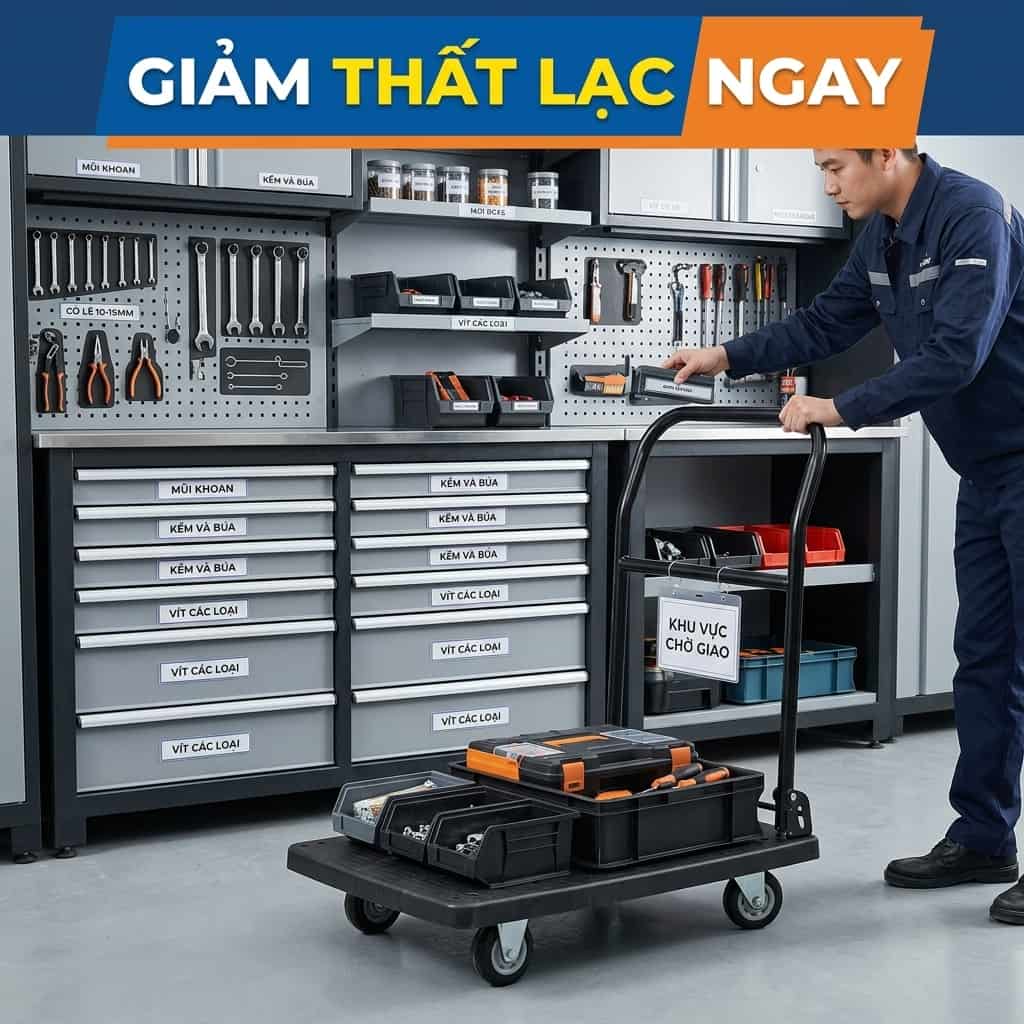 Tủ đồ nghề và bảng treo dụng cụ được bố trí khoa học trong workshop.