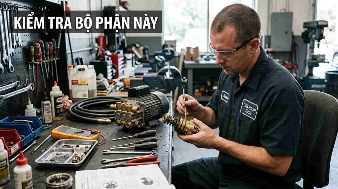 Kỹ thuật viên kiểm tra van một chiều bên trong máy rửa xe