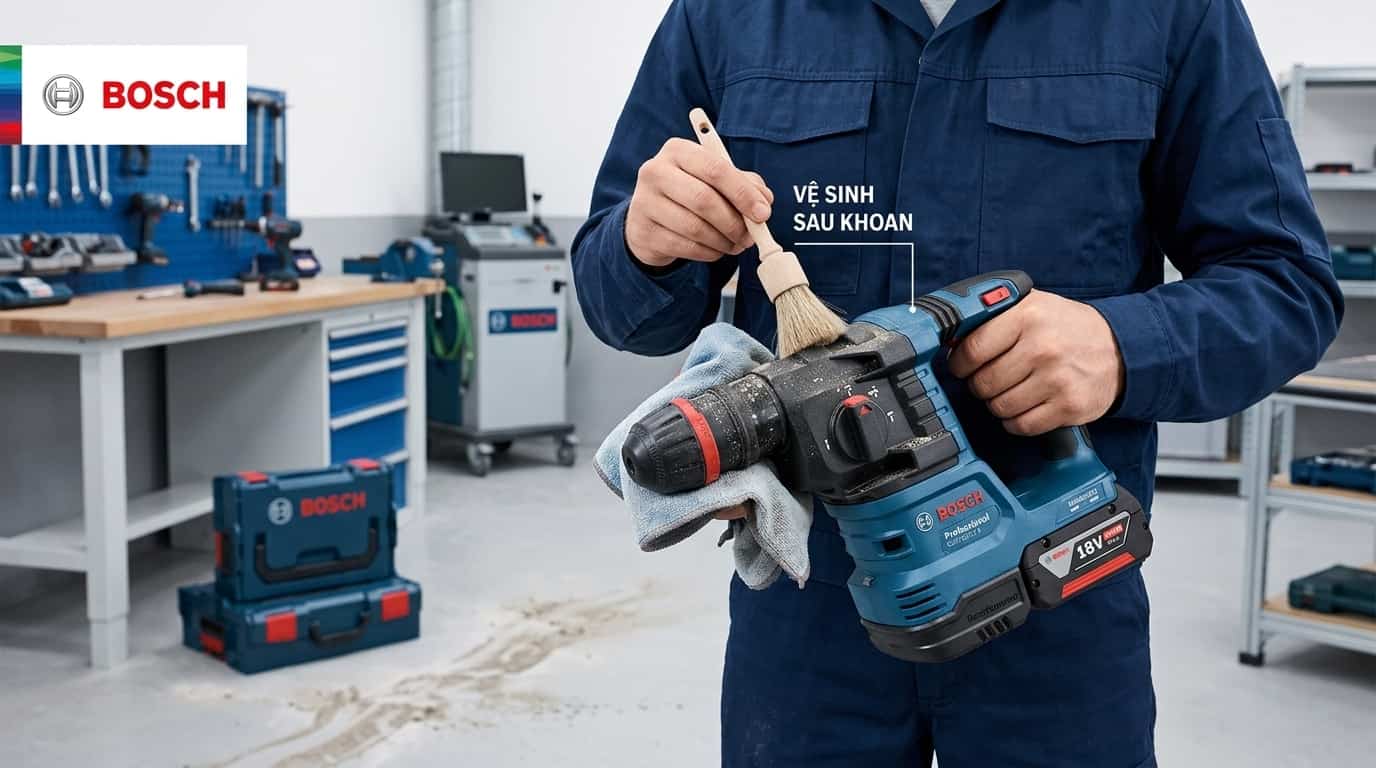 Vệ sinh máy sau mỗi ca làm việc giúp giảm bụi bê tông tích tụ và duy trì hiệu suất.
