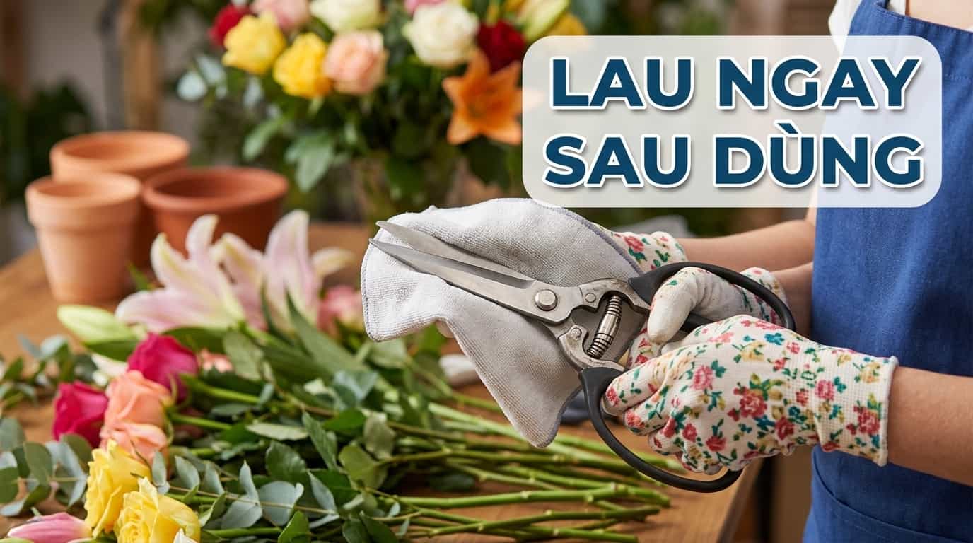 Lau sạch nhựa cây trên kéo cắt hoa sau khi sử dụng