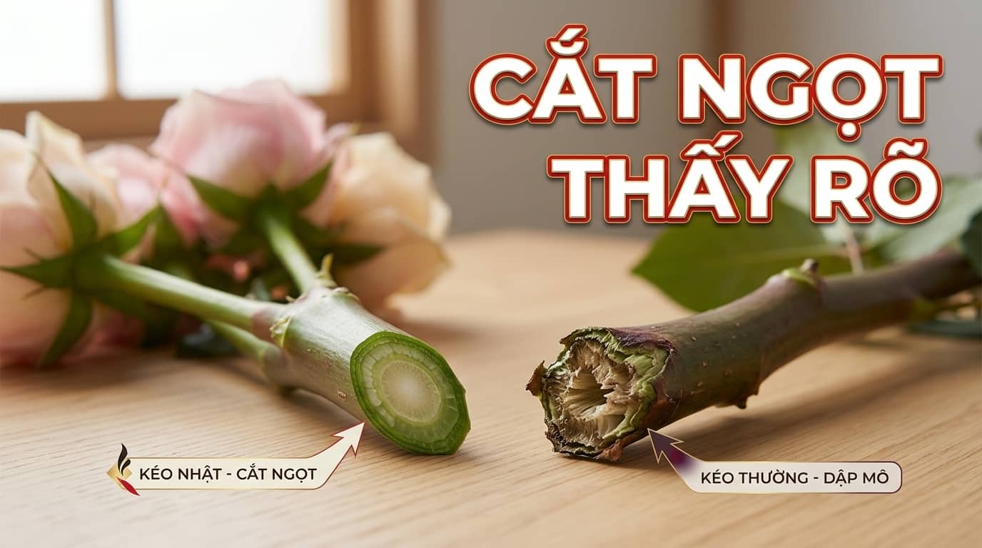 Vết cắt ngọt bằng kéo cắt hoa Nhật trên cành hoa tươi