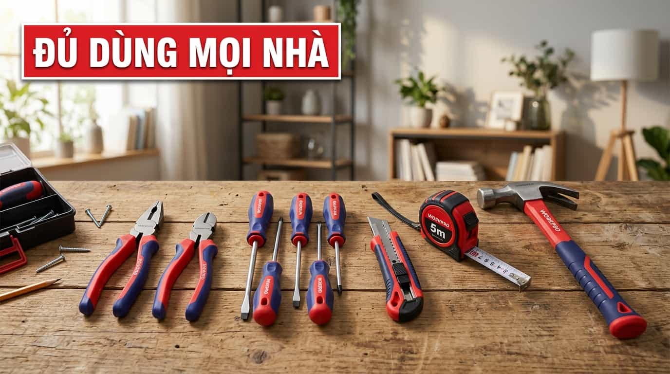 Bộ dụng cụ cầm tay được bố trí khoa học trong hộp đồ nghề.