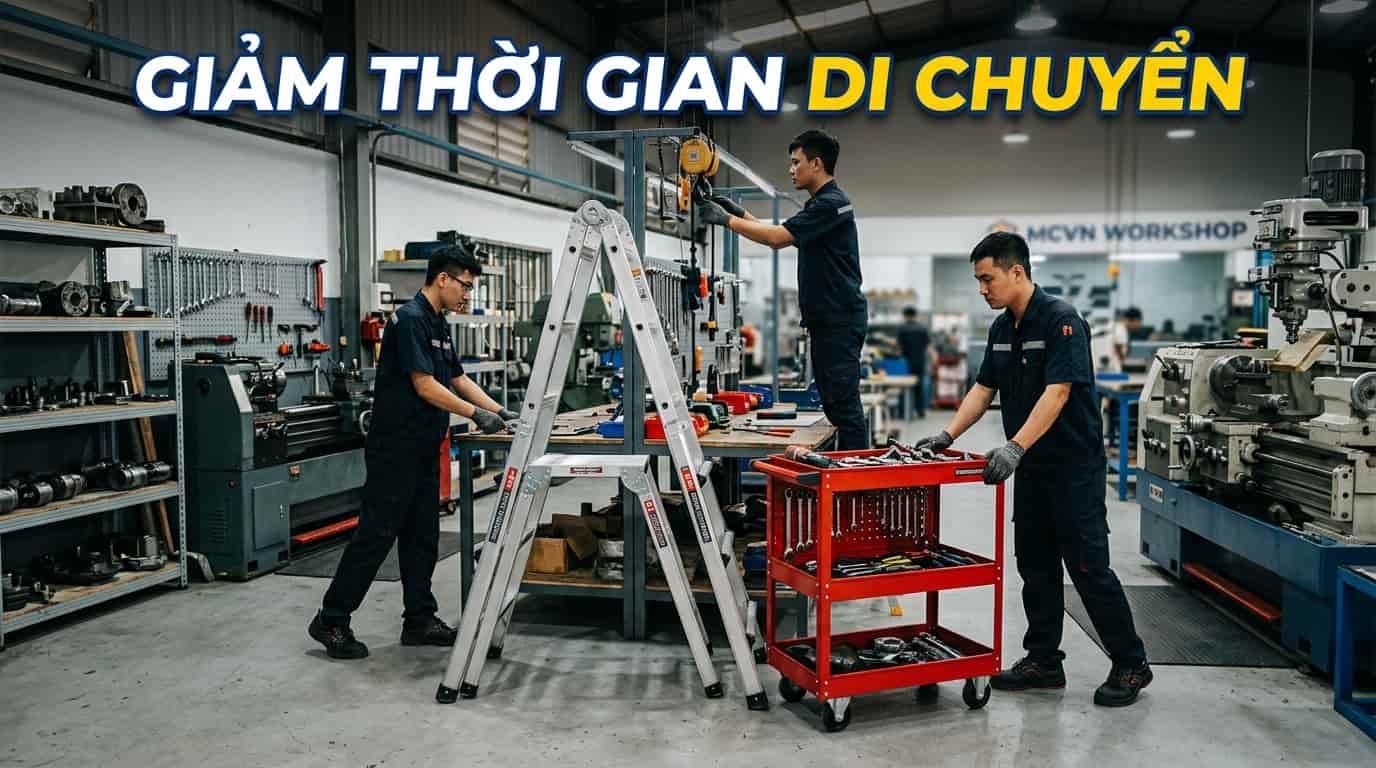 Xe đẩy và thang nhôm hỗ trợ tăng năng suất trong workshop