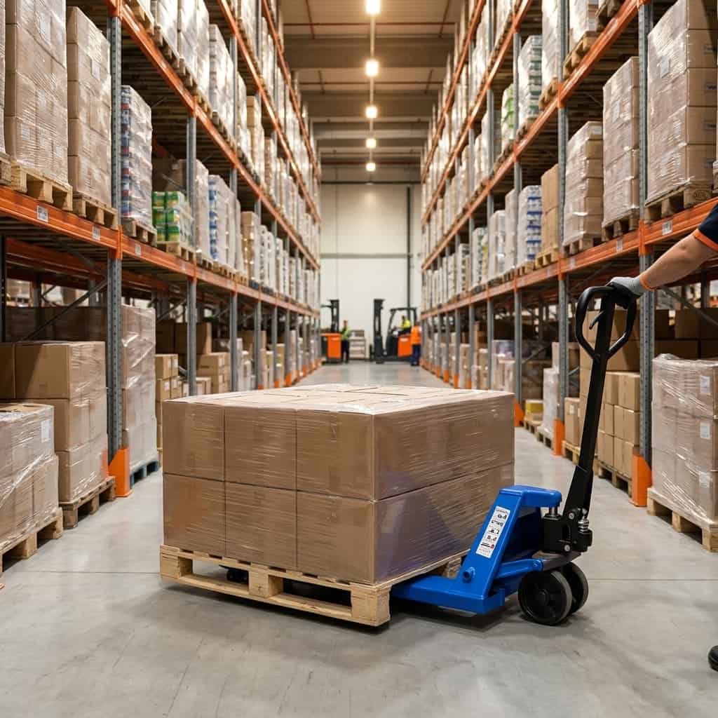 Xe nâng tay Nikawa WFA-XNCH200 vận chuyển pallet trong kho hàng