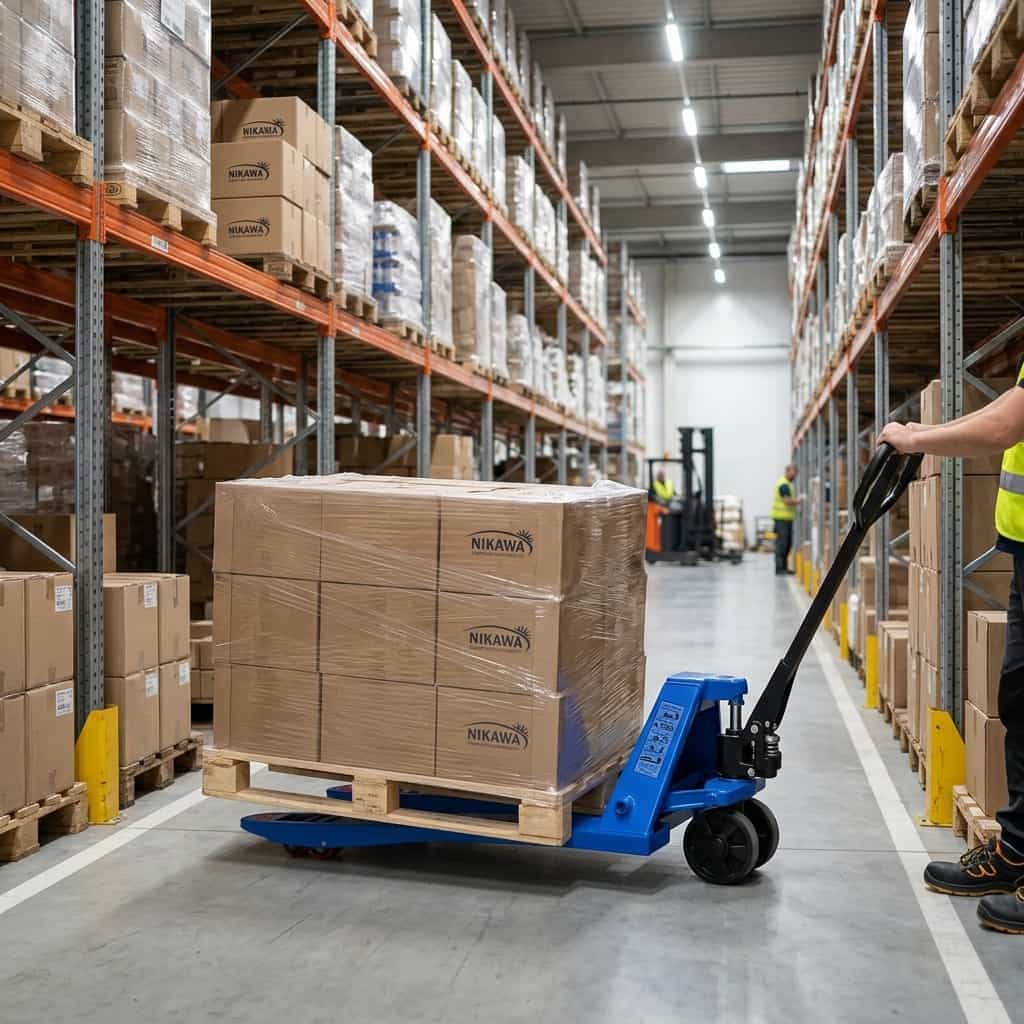 Xe nâng tay Nikawa WFA-XNCH250 vận chuyển pallet trong kho hàng