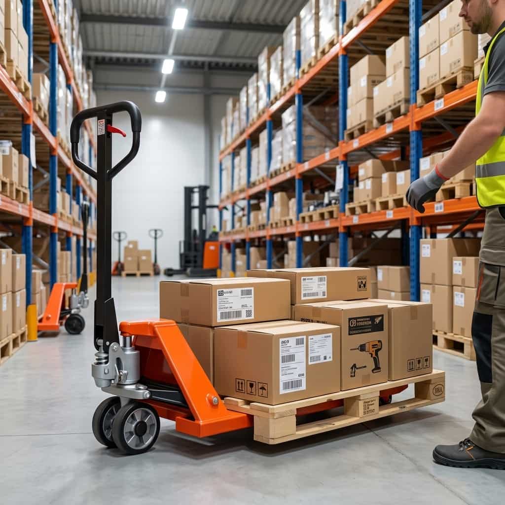 Xe nâng tay thấp Niuli AC30 vận chuyển pallet trong kho hàng