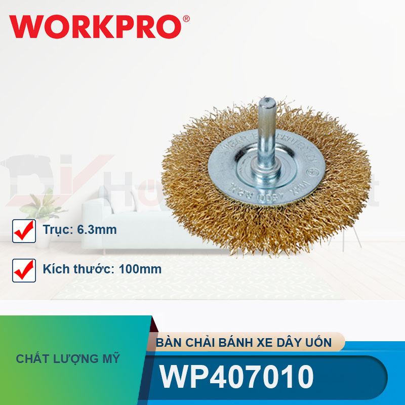 Bàn chải bánh xe có dây uốn kích thước 100mm với trục 6.3mm Workpro - WP407010