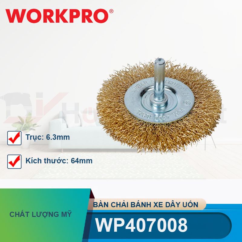 Bàn chải bánh xe dây uốn kích thước 64mm với trục 6.3mm Workpro - WP407008