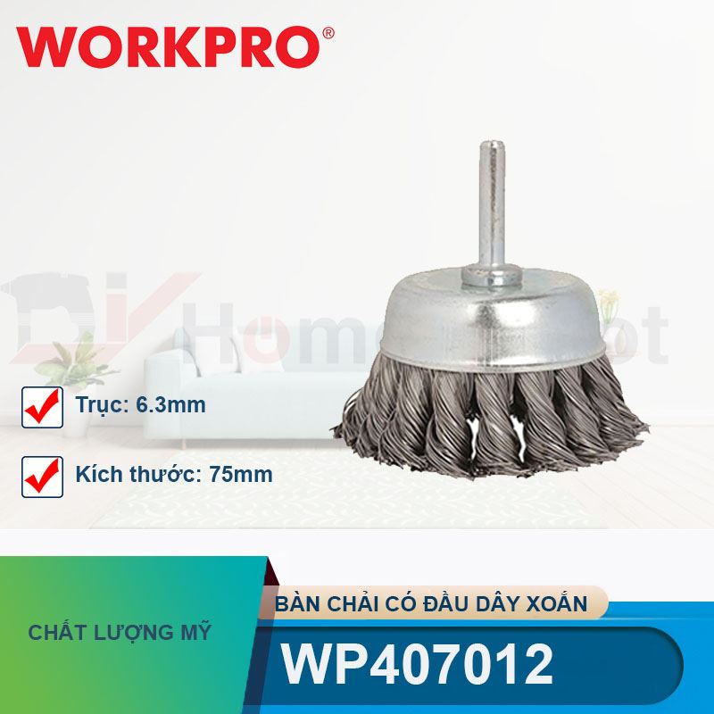 Bàn chải có đầu dây xoắn kích thước 75mm với trục 6.3mm Workpro - WP407012