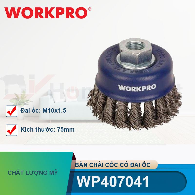 Bàn chải cốc có đai ốc M10x1.5, kích thước: 75mm Workpro - WP407041