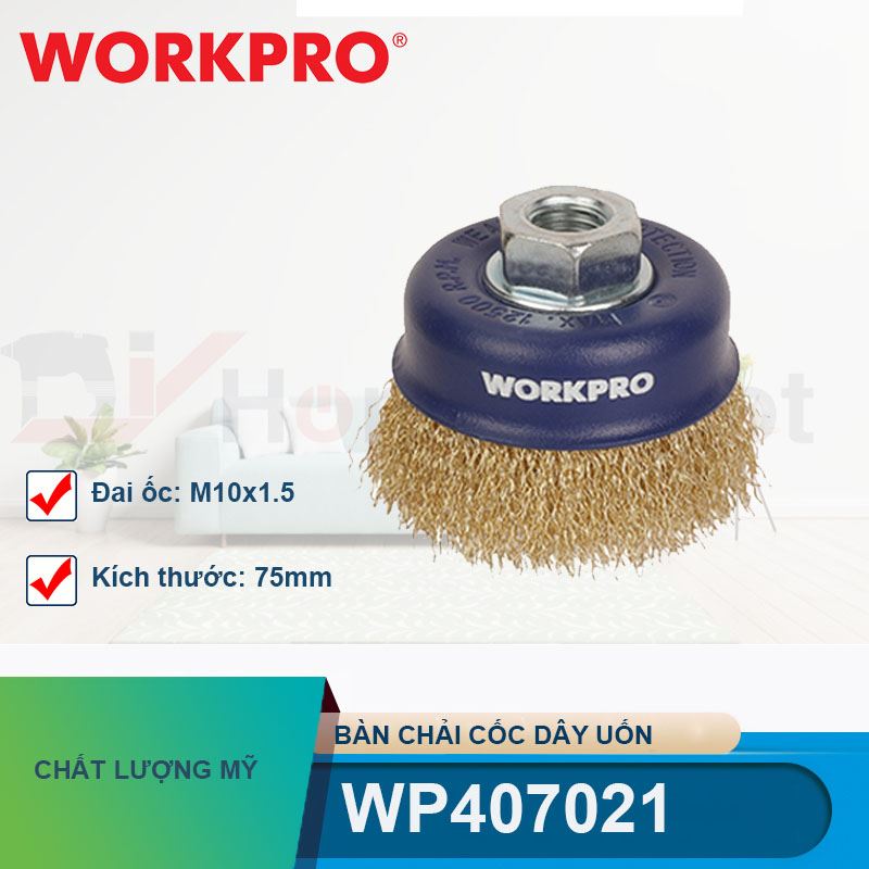 Bàn chải cốc dây uốn có đai ốc M10x1.5 kích thước 75mm Workpro - WP407021