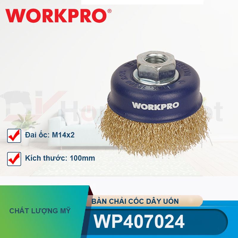 Bàn chải cốc dây uốn có đai ốc M14x2 kích thước 100mm Workpro - WP407024