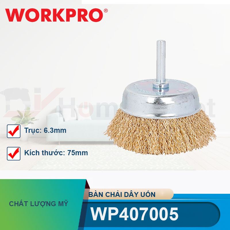 Bàn chải dây uốn kích thước 75mm với trục 6.3mm Workpro - WP407005