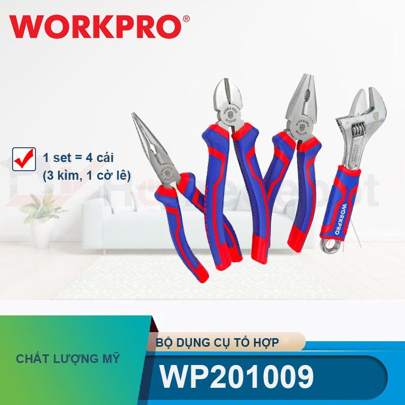 Bộ dụng cụ tổ hợp (gồm 3 kìm và 1 cờ lê điều chỉnh (mỏ lết) 1 Set = 4 cái Workpro - WP201009