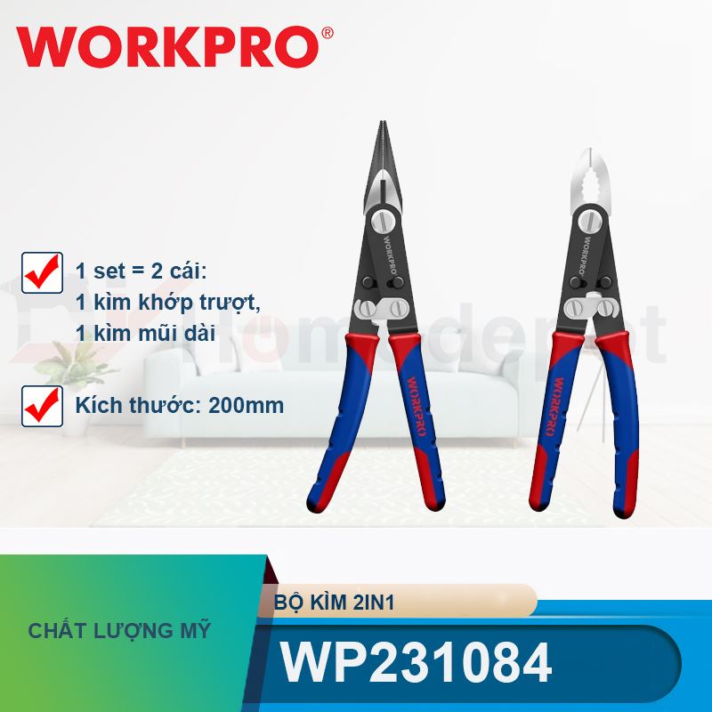 Bộ kìm 2in1 (1 set = 2 cái) 1 kìm khớp trượt và 1 kìm mũi dài), kích thước 8 inches (200mm) Workpro - WP231084