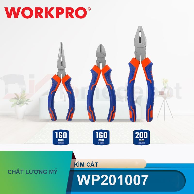 Bộ kìm 3 món gồm (điện, cắt, nhọn) 6 inch và 8 inch Workpro- WP201007