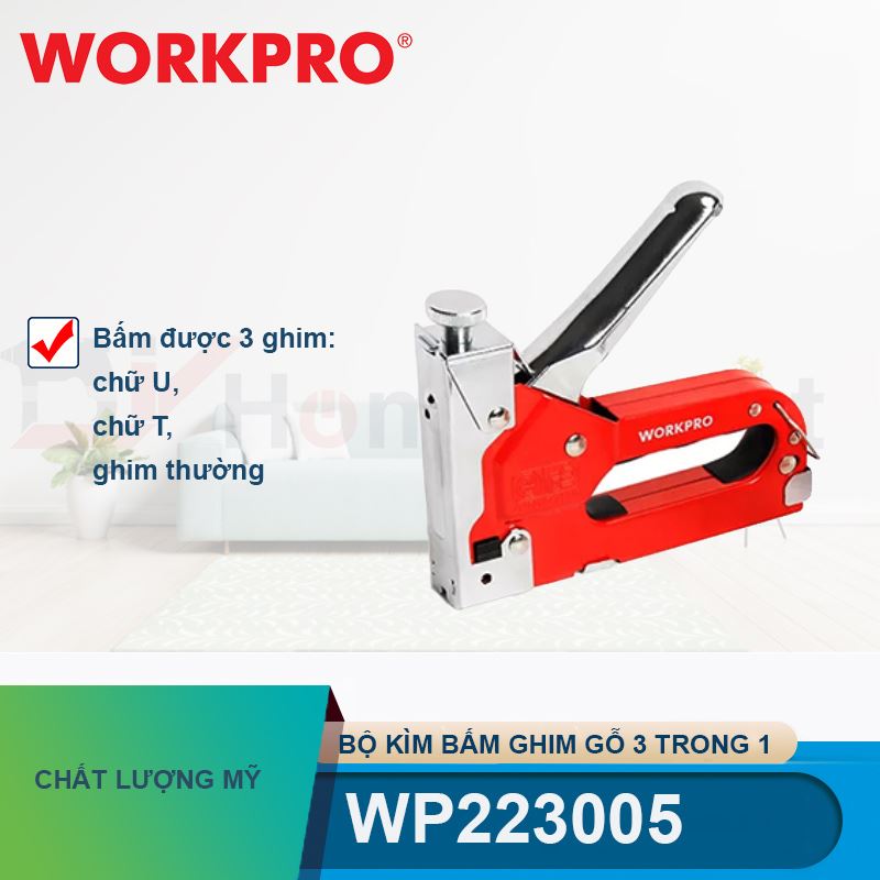 Bộ kìm bấm ghim gỗ 3 trong 1 (bấm được 3 loại ghim chữ U, ghim chữ T và ghim thường kích thước 4-14mm) Workpro - WP223005