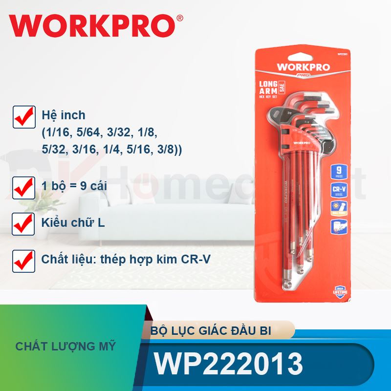 Bộ lục giác đầu bi kiểu chữ L, loại dài (1 bộ = 9 cái), hệ inch (1/16,5/64,3/32,1/8,5/32,3/16,1/4,5/16,3/8) thép hợp kim CR-V Workpro - WP222013