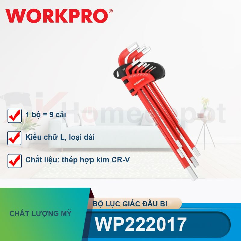 Bộ lục giác đầu bi kiểu chữ L, loại dài (1 bộ = 9 cái), hệ inch WP222017