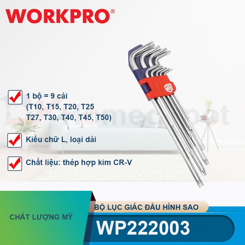 Bộ lục giác đầu hình sao kiểu chữ L, loại dài (1 bộ = 9 cái) (T10,T15,T20,T25,T27,T30, T40, T45, T50) thép hợp kim CR-V Workpro - WP222003