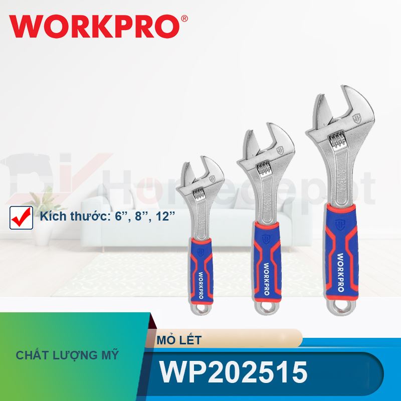 Bộ mỏ lết (bộ cờ lê điều chỉnh được), bằng thép CR-V Workpro WP202515