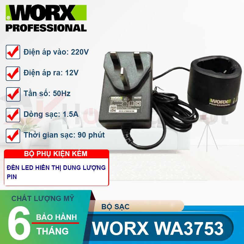 Bộ sạc 1.5A cho pin 12V Worx WA3753