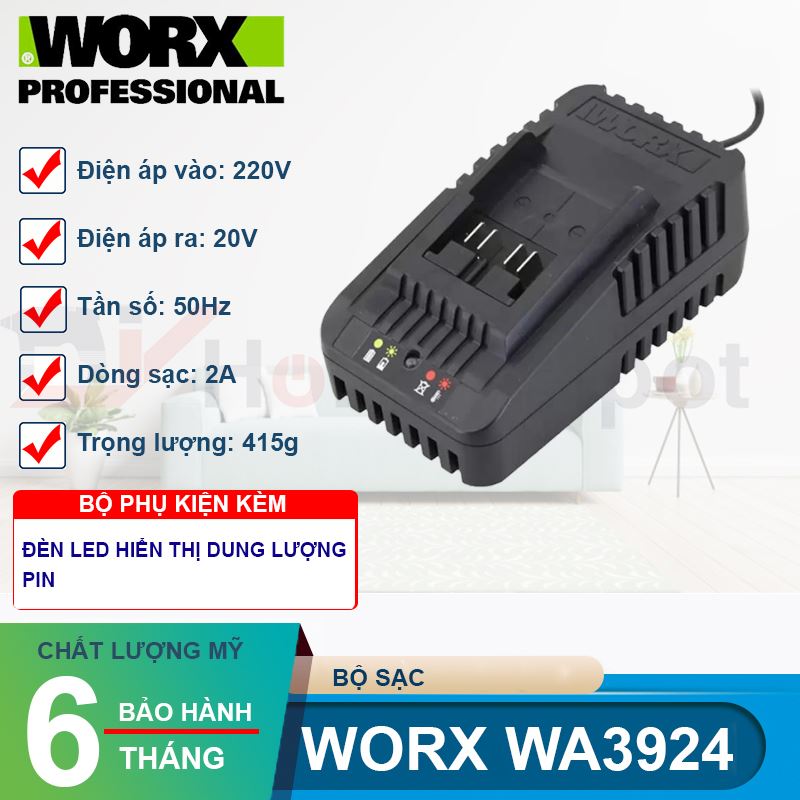 Bộ sạc 2A cho pin 20V Worx WA3924