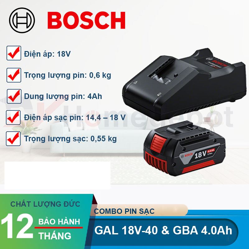 Bộ Sạc GAL 18V-40 và 1 Pin GBA 4.0Ah Bosch 1600A039YL