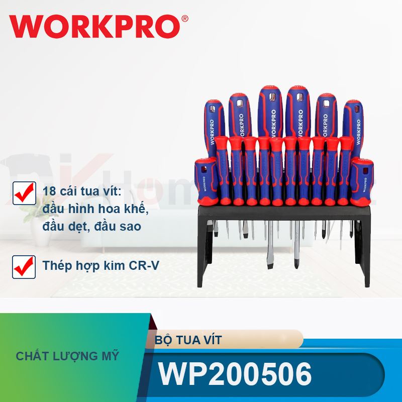 Bộ Tua vít 18 cái gồm các tua vít đầu hình hoa khế, đầu dẹt, đầu sao, thép hợp kim CR-V Workpro - WP200506