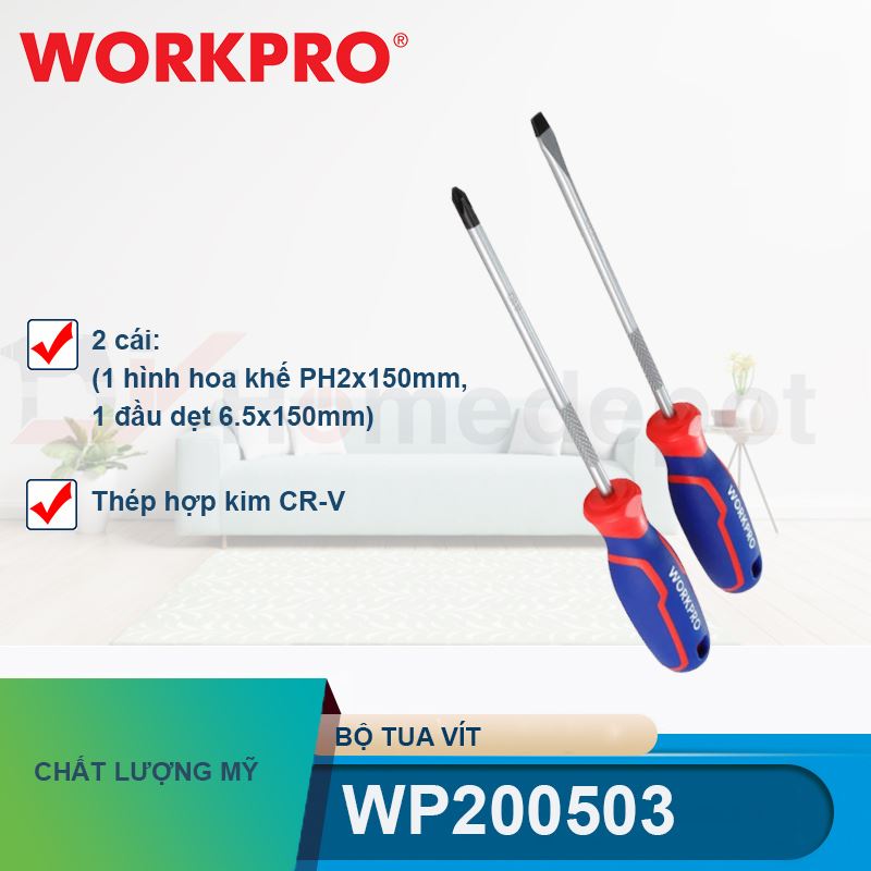 Bộ Tua vít 2 cái gồm (1 cái đầu hình hoa khế PH2x150mm, 1 cái đầu dẹt 6.5x150mm) Workpro - WP200503