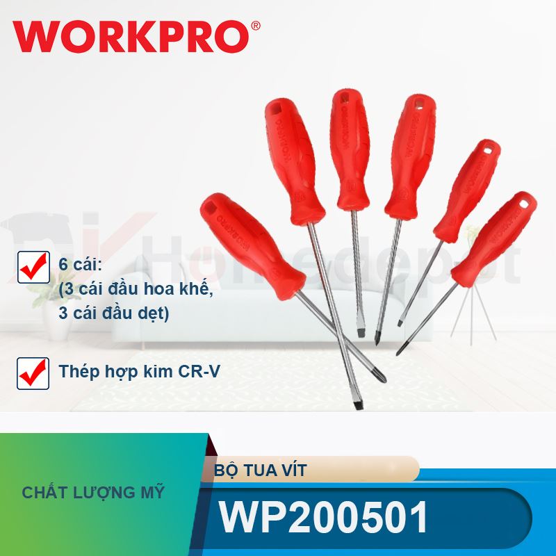 Bộ Tua vít 6 cái gồm (3 cái đầu hoa khế, 3 cái đầu dẹt), thép CR-V Workpro - WP200501