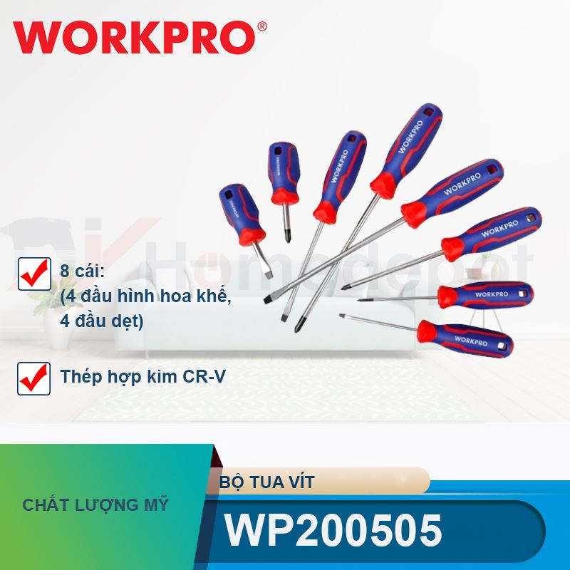 Bộ Tua vít 8 cái gồm ( 4 cái đầu hình hoa khế, 4 cái đầu dẹt), thép hợp kim CR-V Workpro - WP200505