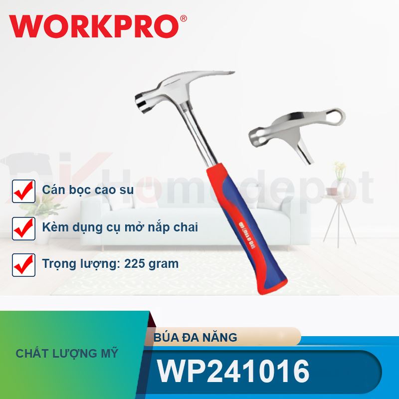 Búa đa năng 225g (8OZ), kèm dụng cụ mở nắp chai, cán bọc cao su Workpro - WP241016