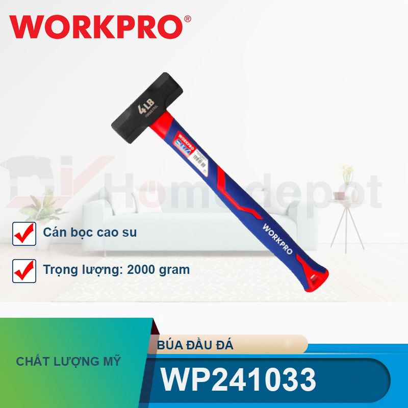 Búa đầu đá 2000g, cán bọc cao su Workpro - WP241033