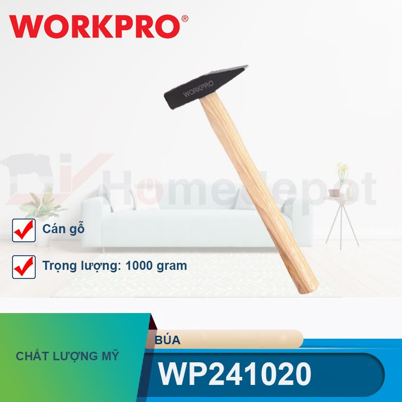 Búa đóng có cán cầm bằng gỗ cứng (1000g), Workpro - WP241020