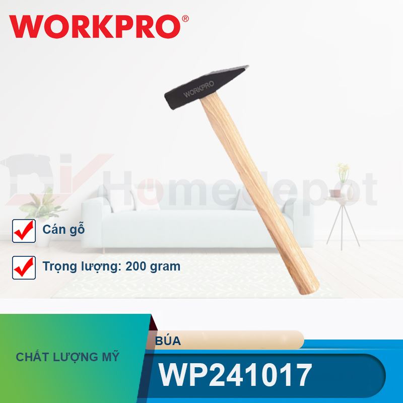 Búa đóng có cán cầm bằng gỗ cứng (200g), Workpro - WP241017