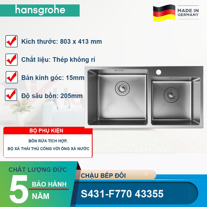 Chậu bếp đôi HANSGROHE Deep Drawn Sink S431-F770 43355