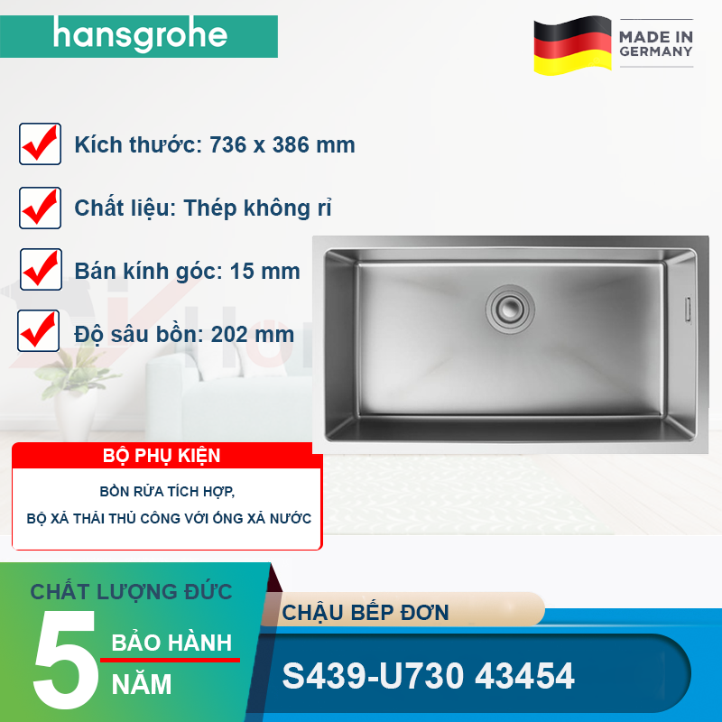 Chậu bếp đơn HANSGROHE Deep Drawn Sink S439-U730 43454