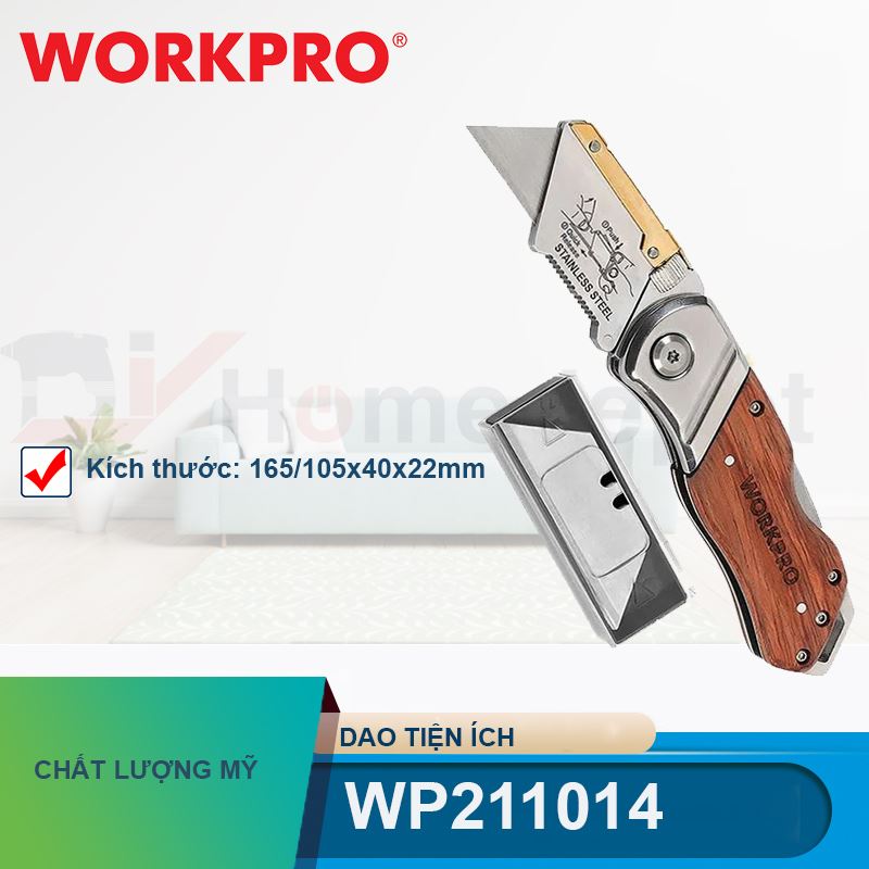 Dao gấp tiện ích có lưỡi cắt, cán cầm bằng gỗ Workpro - WP211014