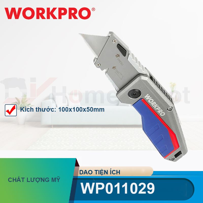 Dao gấp tiện ích có lưỡi cắt gấp gọn, bằng nhôm, mở nhanh Workpro - WP011029/WP211012