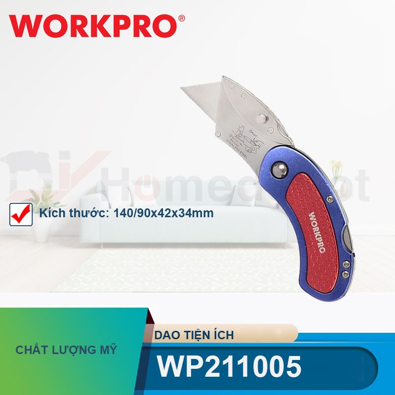 Dao gấp tiện ích mini có lưỡi cắt gấp gọn, mở nhanh, bằng nhôm Workpro- WP211005