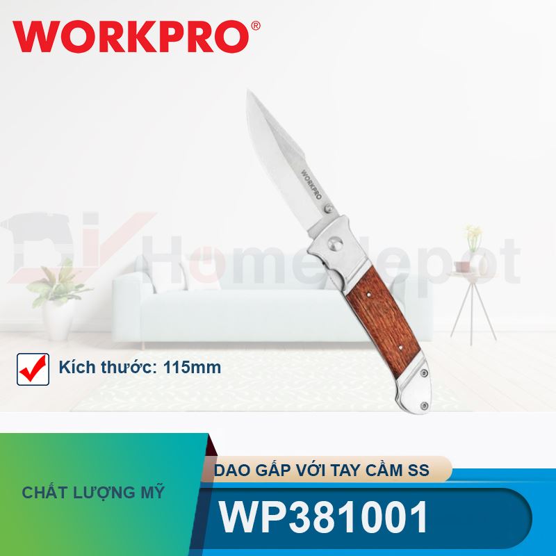 Dao gấp với tay cầm ss, kích thước 115mm (4-1/2 inch) Workpro - WP381001