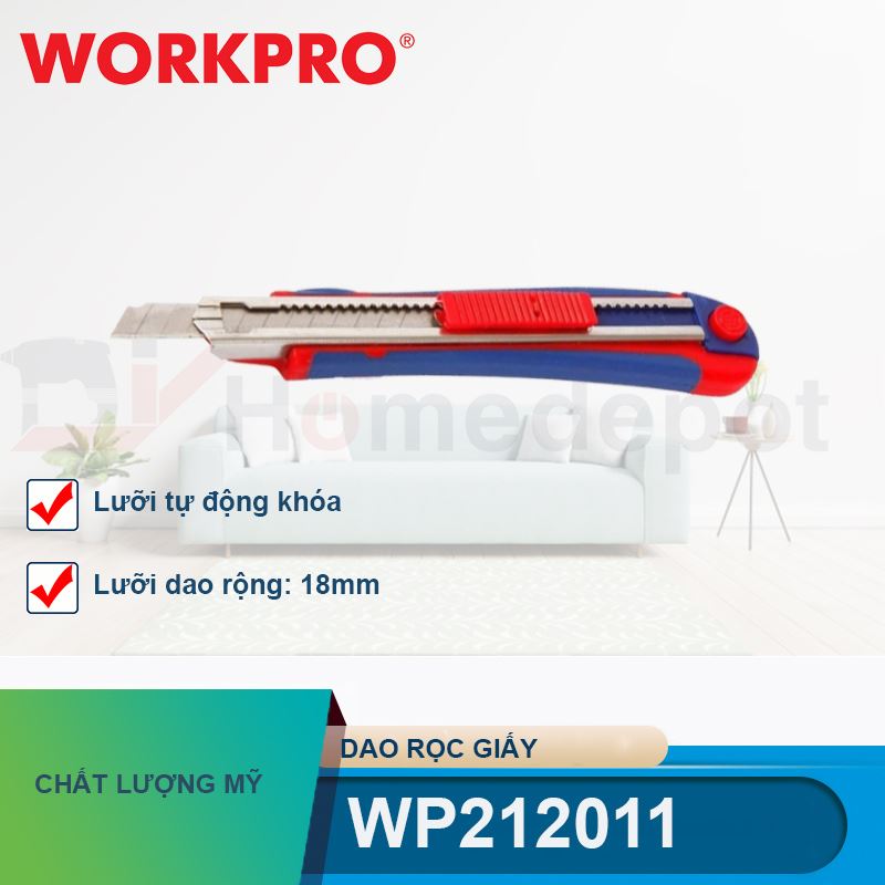 Dao rọc giấy tự động khóa lưỡi, chiều rộng lưỡi dao 18mm Workpro - WP212011