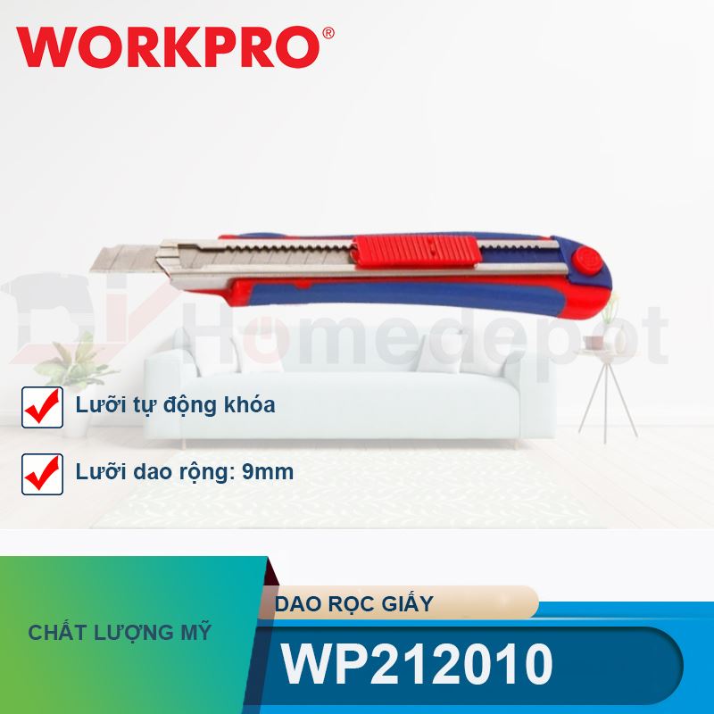 Dao rọc giấy tự động khóa lưỡi, chiều rộng lưỡi dao 9mm Workpro - WP212010