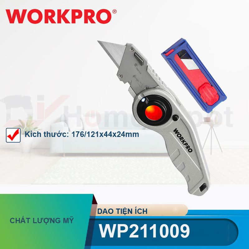 Dao tiện ích có lưỡi cắt gấp gọn, cán cầm bẳng nhựa, mở nhanh Workpro -WP211009