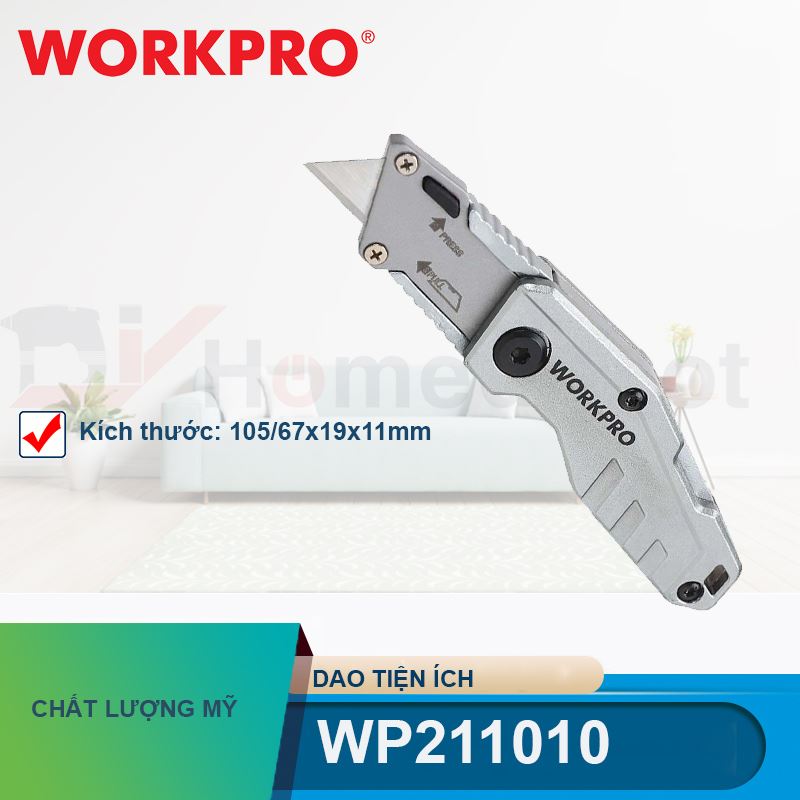 Dao tiện ích mini có lưỡi cắt gấp gọn, cán cầm bẳng nhựa, mở nhanh Workpro - WP211010