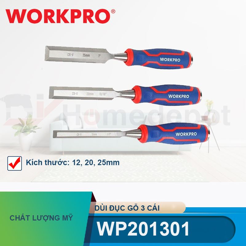 Dùi đục gỗ 3 cái kích thước 1/2 inch, 13/16 inch, 1 inch (12,20,25mm) Workpro - WP201301