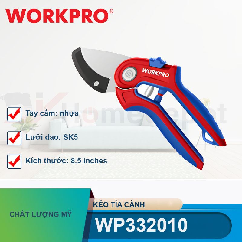 Kéo tỉa cành tay cầm bằng nhựa lưỡi dao SK5 kích thước 8 inches Workpro - WP332010