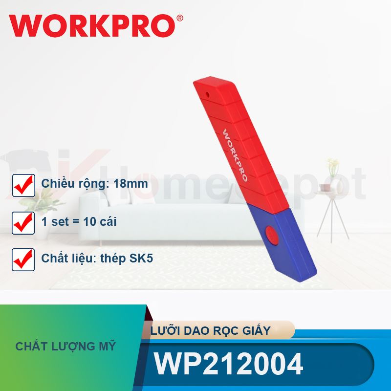 Lưỡi dao rọc giấy bằng thép SK5, chiều rộng 18mm (1set = 10 cái) Workpro - WP212004